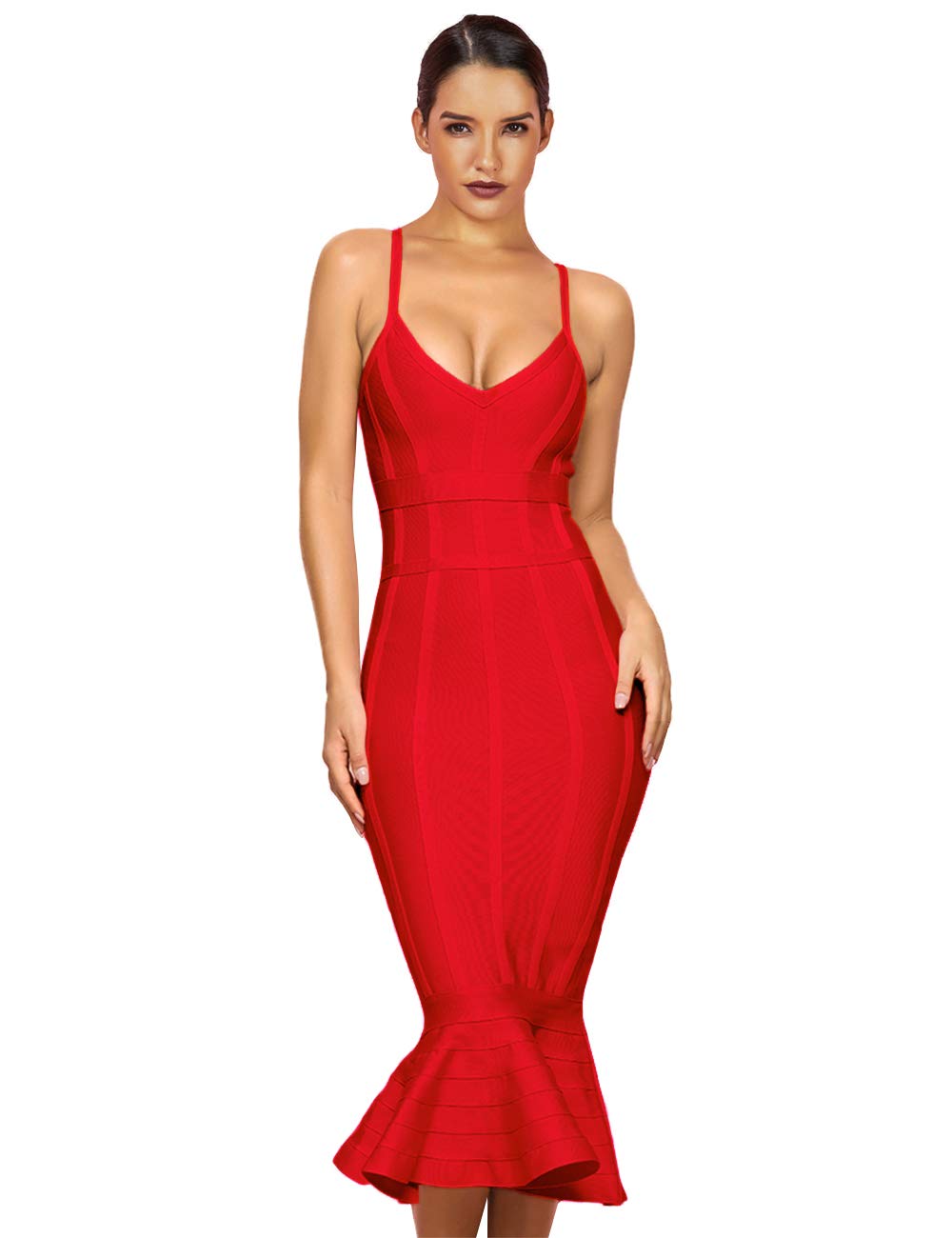 MaketinaWomen's Mermaid Spaghetti Strap V Neck Bodycon Midi Cocktail Bandage Dress