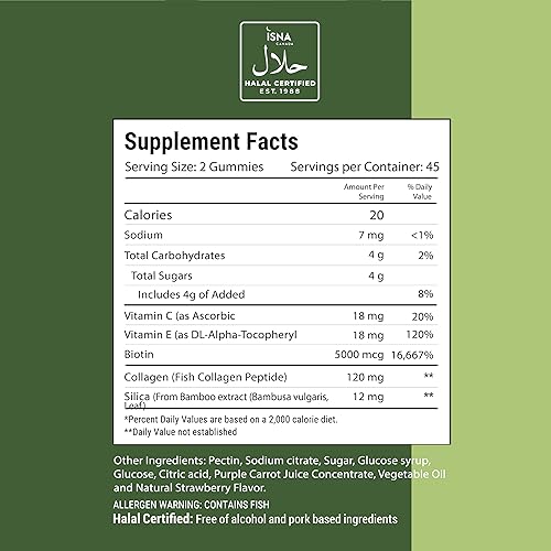 Image of Noor Vitamins Halal Hair Vitamins Biotin, Collagen, Silica, Vitamin C & E Supports Hair, Skin & Nail Health; Natural Strawberry Gummy Vitamins. GMO, Gluten Free & a Certified Halal Vitamin (90 Count)