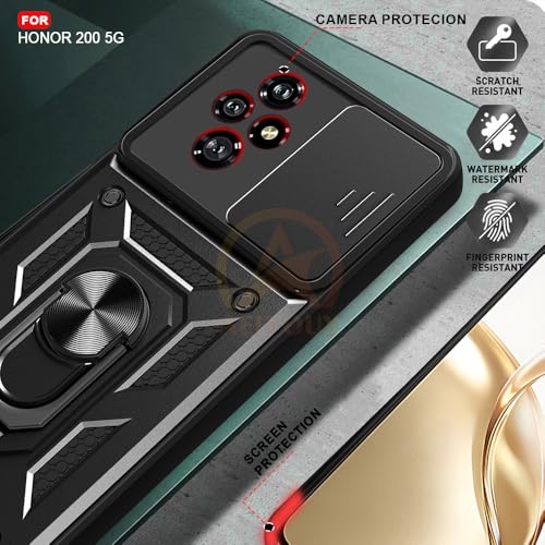 Image of Armor Bumper Back Cover Case for Honor 200 5g Rotating Camera Cover, Ring Holder & Kickstand | Heavy Duty & 360 Degree Protection Honor 200 5g Back Cover (Black)