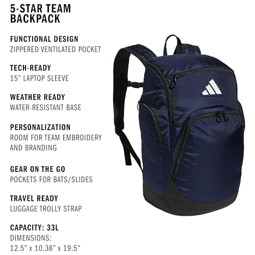 Image of adidas 5-Star Team 2 Backpack | Multi-Sport, Padded Laptop Sleeve, Organizer Pockets, Water-Bottle Pockets, Durable Build, School Gym & Travel Ready