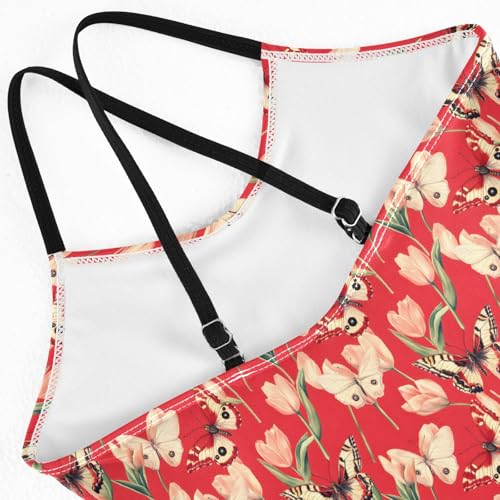 senya Girls Swimsuits One-Piece Swimwear Tie Bathing Suit Beach Summer Round Neck 9-10T Red Background Tulip Butterfly Pattern4