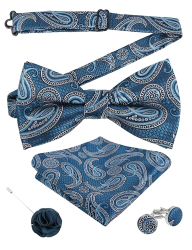 Image of Alizeal Mens 4pcs Vintage Paisley Bow Tie Set | Pre-tied Pocket Square Cufflinks Boutonniere for Wedding Everyday Use