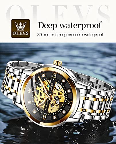 Image of OLEVS Men's Gold Skeleton Watch Automatic Mechanical self Winding Luxury Dress Stainless Steel Waterproof Luminous Wrist Watches