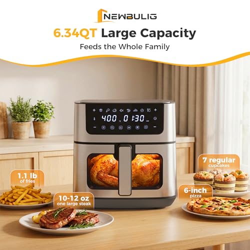 Image of NEWBULIG Air Fryer 6.34QT Airfryer with Visible Window 400℉ Fast Heating Stainless Steel Air Fryers Oven with Nonstick and Dishwasher-Safe Basket 8-in-1 Cooking Preset with Timer Auto-Off