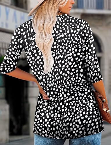 KISSMODA Tunic Tops for Women Loose Fit Dressy Round Neck Pleated 3/4 Length Sleeve Spring Tops
