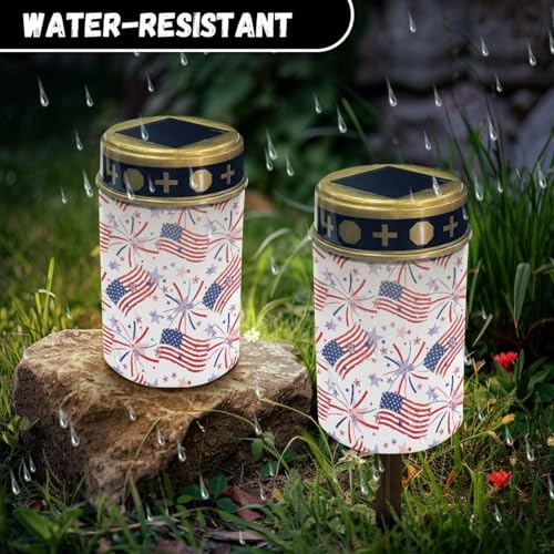 Image of Poceacles American Flag Fireworks Print Cemetery Candle Grave Lights Outdoor Waterproof Decoration Pathway Lights Garden Solar Candle for American 250th Independence Day Decor