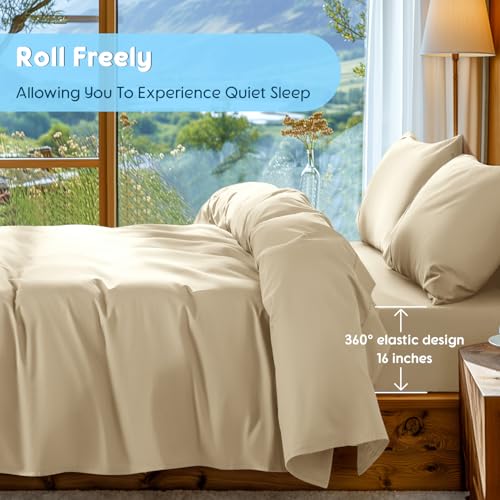 Image of SONORO KATE 1000 Series 100% Egyptian Cotton Queen Sheet Set,4 Pieces | Soft,Breathable Long Staple,Sateen Weave,Luxury 5-Star Hotel Bed Sheets,16 inch Deep Pocket,Beige
