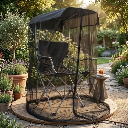 Housse en filet de chaise de pêche anti-insectes avec toit imperméable noir pour camping solo - 4