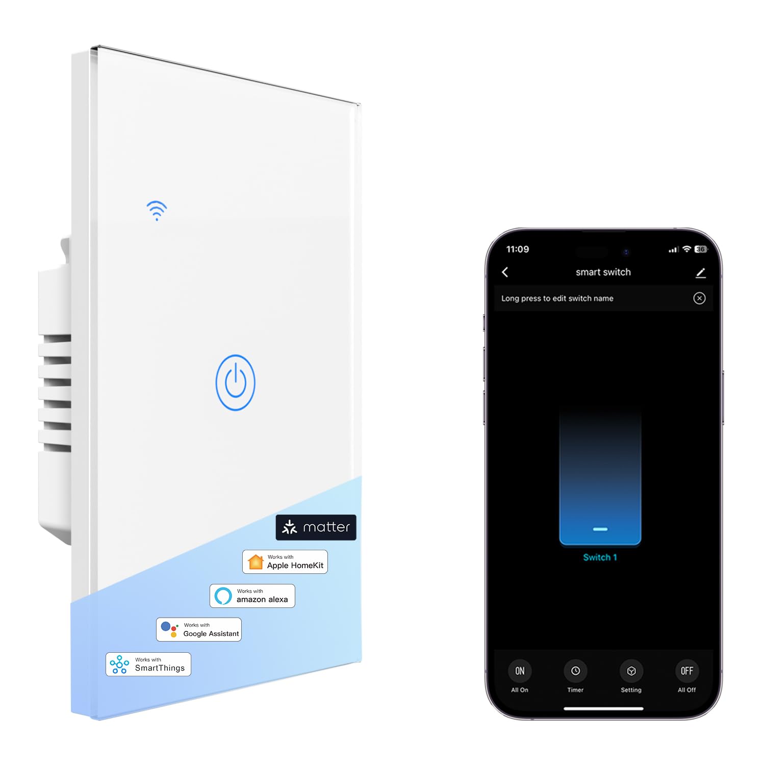 Tuya Matter Smart Touch Switch 1-Gang with Glass Panel - Apple HomeKit/Siri, Alexa, Google - Neutral Wire Required - WiFi 2.4GHz - 10A 120V