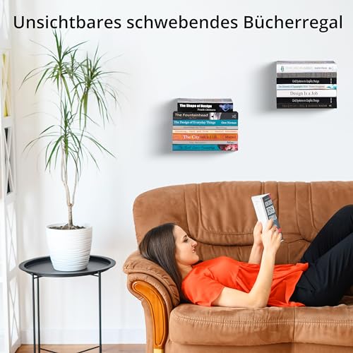 Winter Shore Unsichtbares Bücher-Schweberegal Weiß (4er-Pack) - Robustes Wandregal Metall aus Eisen zur Wandmontage für Büro, Schlaf- & Wohnzimmer - Deko Bücherregal Schwebend mit Montagematerial
