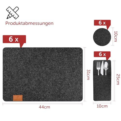 shinfly Tischsets Abwaschbar Platzsets aus Filz 18er Set, Abwischbar Tischsets, Hitzebeständig rutschfest Platzdeckchen mit Untersetzer, BestecksäCken für Küche, Speisetisch, 44x31cm【Anthrazit】