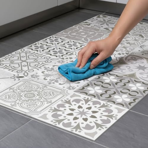 Tapis Vinyle pour le sol en PVC - Antidérapant - Protection pour le Sol - Inspiration Carreaux de Ciment - Lavable à la main - Epaisseur 2,2 mm - 60 cm x 100...