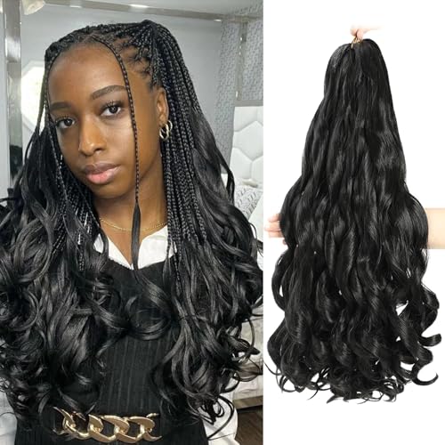 French Curly Pre-Stretched Braiding Hair 16 Inch 8 Packs - Bouncy Loose Wavy Synthetic Hair Extensions for Black Women (1B)