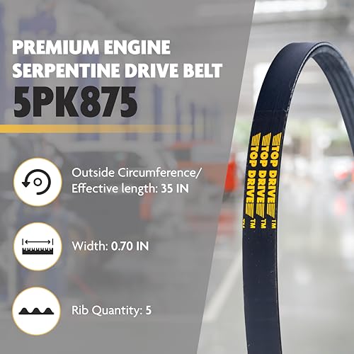 Image of Top Drive, 5PK875, Premium Engine EPDM Serpentine Belt, 35 inch Length | 5-Rib, Automotive Replacement Serpentine Belt, Equivalent References K050344 and 5050345