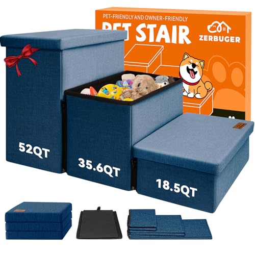 Image of Dog Stairs with Storage 18 inch H, 3-Step Wider Dog Steps for Small /Medium /Large Dogs Cats, Folding Sturdy Pet Stairs Climbing Bed or Sofa, Ramp for Car Hold Up to 200 lbs (Navy Blue, No Condo)