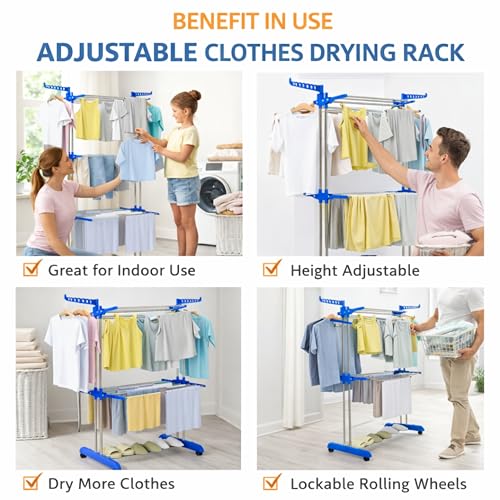 Image of JIALTO Heavy Duty Foldable Clothes Drying Rack for Laundry | 3-Tier Garment Hanger Stand with Wheels | Indoor Outdoor Use | Adjustable Shelves & Arms for Towels, Shirts, Pants