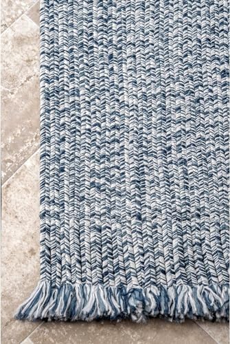 Image of Handwoven Natural Rectangular Cotton Fibres, Braided Reversible Jute and Cotton Round Rug /Carpet for Bedroom Living /Dining Room (4x6 feet, Light Blue)