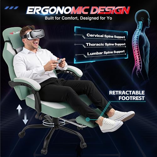 Image of Gaming Chair for Adults with Footrest & Massage Lumbar Support, Ergonomic High Back Gamer Chair, Adjustable Swivel Computer Gaming Chairs with Headrest and Linkage Armrests,Green