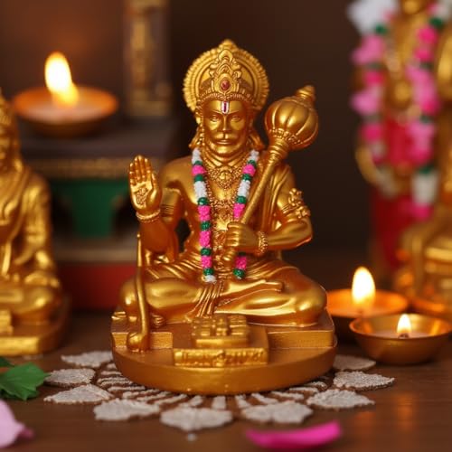 Image of UNOVATE Lord Hanuman Idol for Car Dashboard, Home, Office Desk - Hanuman Murti for for Pooja, Temple Showpiece, Decoration, Festivals and Gifting. (9cm, Golden Colour with Coloured mala)