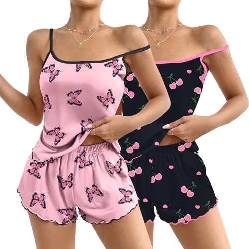 Ekouaer 2 Pack Womens Cami Pajama Sets Cute Print Tank Top Pjs and Shorts Camisole Lounge Set