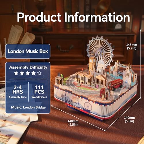 Image of Tonecheer Wooden Music Box Puzzle for Adults,DIY Rotating Music Box Kit 3D Creative Musical Puzzle Crafts Model Building Kits Desk Decor for Teens Kids Birthday Gift (London Music Box)