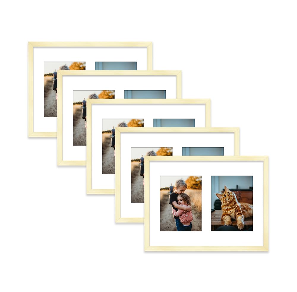 Gold Multi Photo Frame - Holds 2 x 8x6 Pictures, Family Collage Picture Frame for Wall Display, 16x12 Frame size, Set of 5