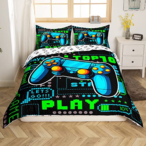 Manfei Youth Gaming Duvet Cover Set Queen Size, Modern Gamer Reversible Comforter Cover With 2 Pillowcases, Vide Games Bedding Set 3Pcs For Kids Boys Teens Bedroom Decor, Blue Gamepad Bedspread #TOP23