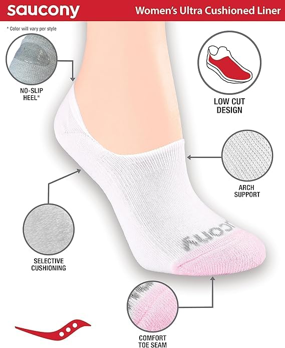 Image of Saucony Women's No Show Cushioned Invisible Liner Socks (8, 16 Pairs)