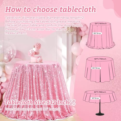 Image of B-COOL Sequin Tablecloth Round Party Decorations: 132 Inch Tablecloths Sequin Overlay Glitter Fabric for Indoor and Outdoor Gathering Parties Fuchsia Pink