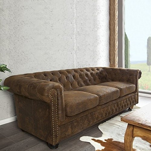 cagü edler Designklassiker 3er Sofa Winchester Braun Kunstleder im klassisch englischen Chesterfield-Stil – Bild 3