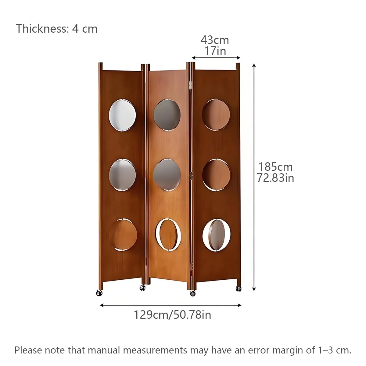 Biombo Madera 3 Paneles, Separador De Ambientes Plegable con Cortes Circulares, Room Divider Portátil con Ruedas para Dormitorio Oficina, Decoración Moderna(White)