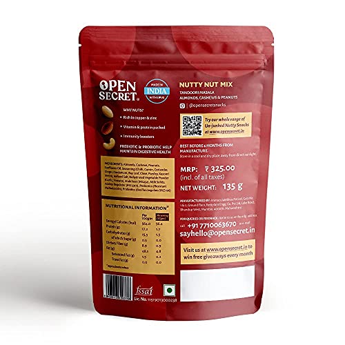 Image of Open Secret 100% Natural and Premium Healthy Tandoori Mix Dry Fruits and Nuts | Healthy Party Snack Mix | Dry Fruits Mix with Cashew Almond - Pack of 1 (135g)