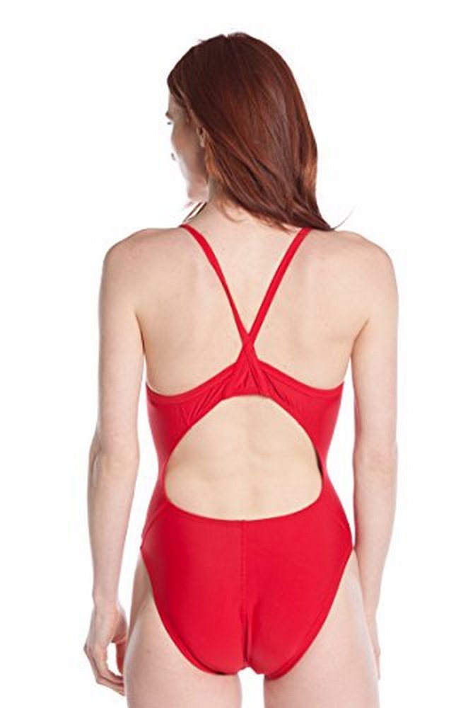Condition photo showing As Is for lifeguard officially licensed swimsuit for women & ladies, one piece swimming suit, elastic comfort straps. red