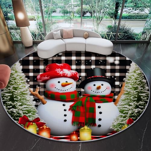 Genérico 90 cm Alfombras Redondas para Sala de Estar, Navidad Muñeco De Nieve Cuadros Estampada Alfombra Redonda Lavable Negro - Pelo Corto Suave Franela Alfombras para Dormitorio Comedor