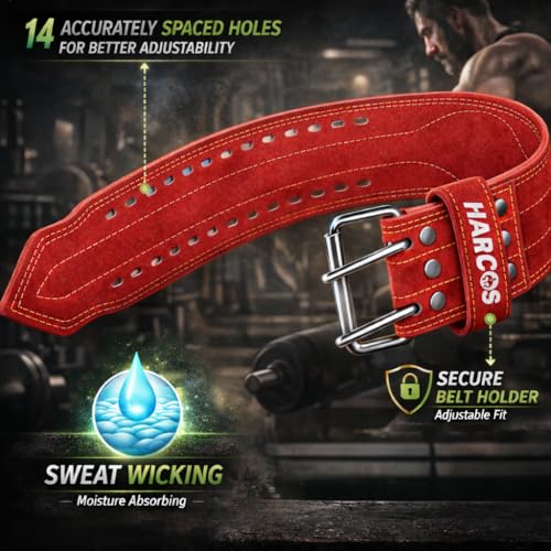Image of Harcos Leather Weightlifting Gym Belt for Men & Women with Prone Buckle | Back Support Belt for Lifting, Squats, Deadlifts, Powerlifting & Strength Training | Adjustable Waist Workout Gym United states power lifting association & IPL Approved (Wine Red, L)