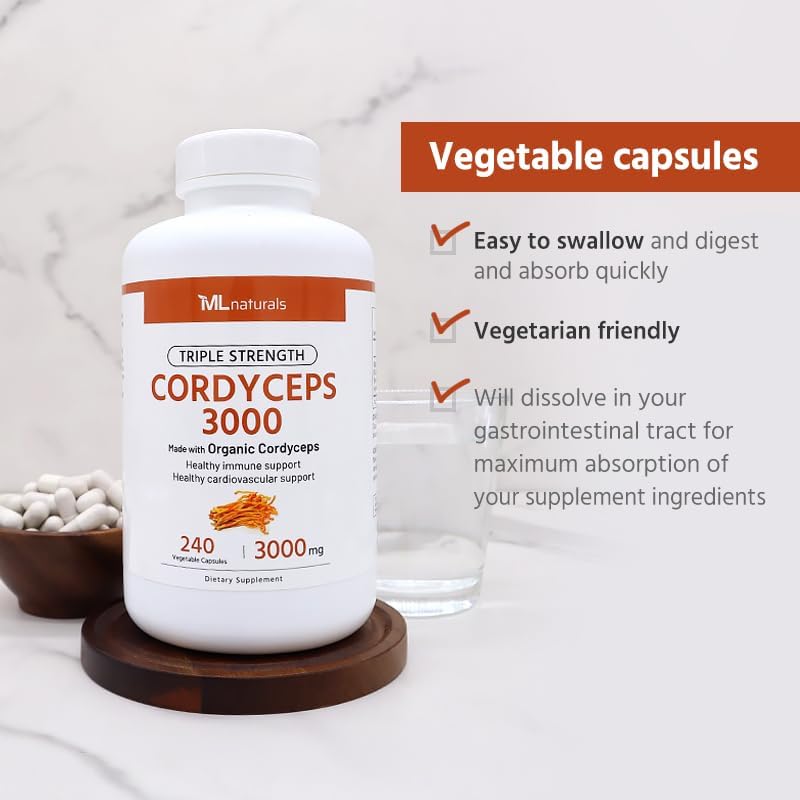 Miniatura 5 de ML Naturals Cordyceps 3000 de triple fuerza fabricado con Cordyceps orgánicos, 240 cápsulas vegetales. Apoyo inmunológico saludable, sin OMG,
