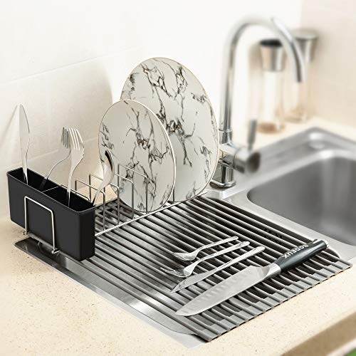 iPEGTOP Roll-Up Dish Drying Rack and Utensil Plates Holders, Foldable Multipurpose Over Sink