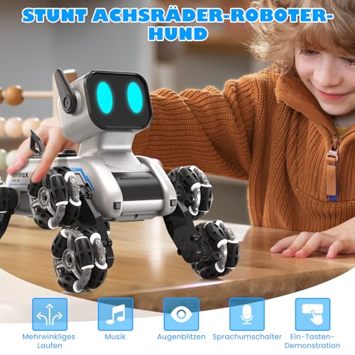 SIMREX Roboter Hund RC Stunt Auto Spielzeug - interaktive Fernbedienung Auto mit Gestentensteuerung & Mecanum Räder, LED-Augen, 3 Soundeffekte, Geburtstagsgeschenk für Kinder Jungen Mädchen Alter 6+