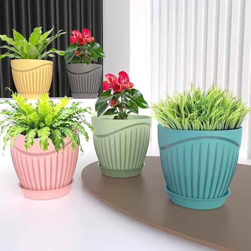Image of ELUVIA Plastic Plant Pots with Drainage Holes and Trays - Set of 5 (6 Inch) - Minimalist Decorative Indoor Flower Pots for Living Room, Balcony & Office Garden (Yellow)