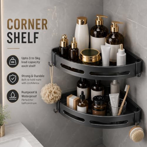 Image of Hallstatt Pack of 2, Self Adhesive Aluminum Corner Bathroom Shelf for Wall Shelf Organizer Bathrooms Shelves Rack Holder Stand for Bathroom Accessories Organiser Without Drill and with Drill Option