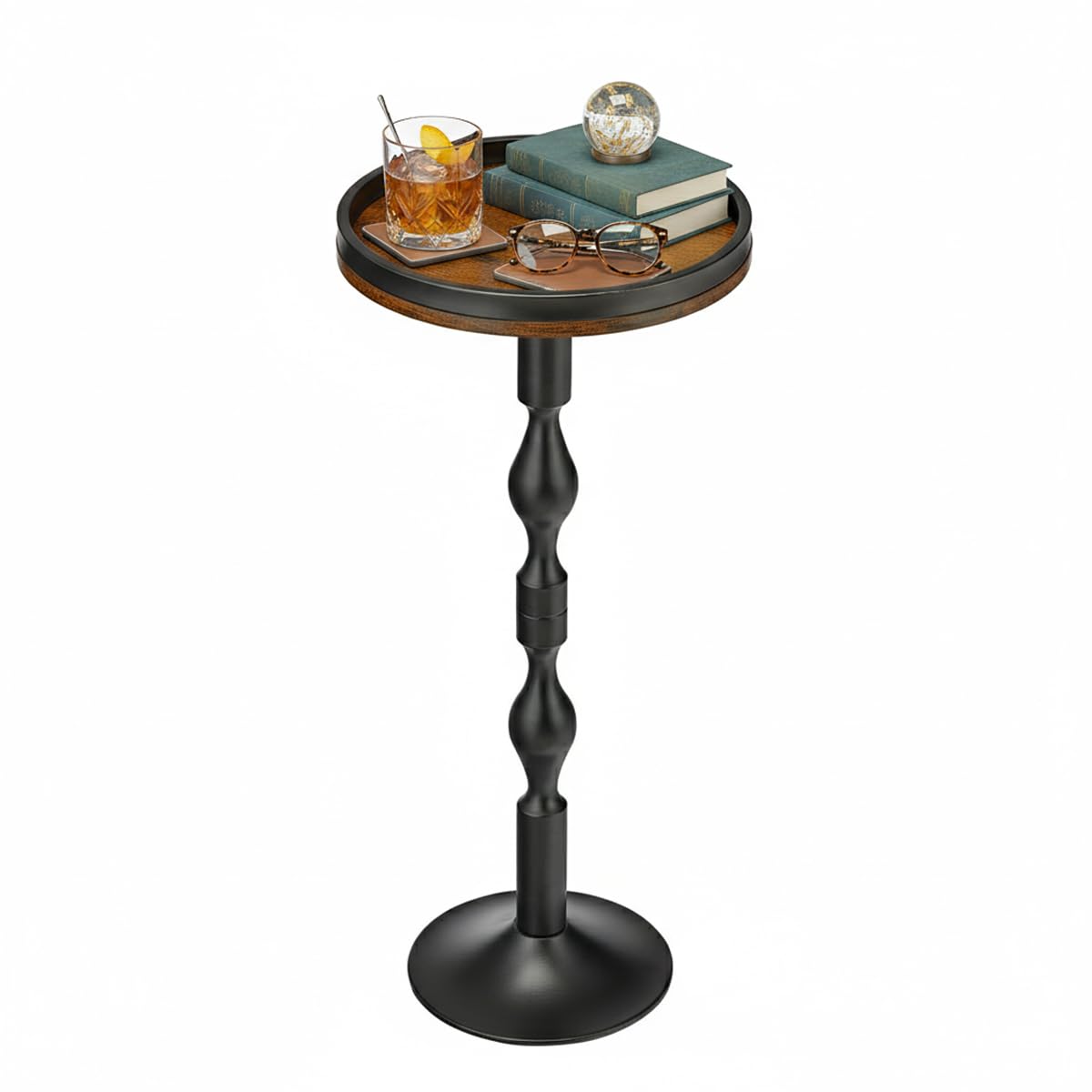 ZEXVIDA Small Round Side Table Drink Table with Weighted Base Industrial Metal Wood Pedestal End Table with Tray