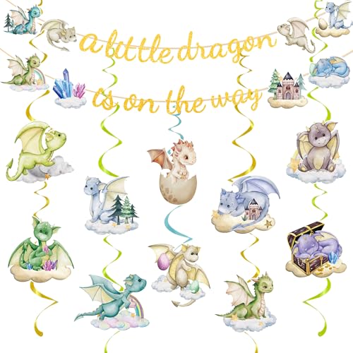 Image of Dragon Baby Shower Decorations Include A Little Dragon is On The Way Banner and Hanging Swirls Dragon Theme Party Supplies