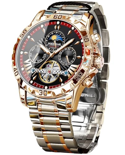 FORSINING Mechanical Men's Watch, Moon Phase Tourbillon Automatic Self-Wind Wristwatch, Luxury Stainless Steel Band 43mm Big Dial Mens Wrist Watch with 3 Sub Dial (Rose Gold Red)
