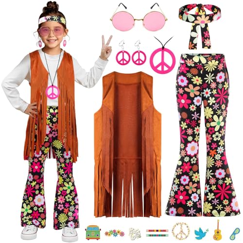 Gorkonpy Hippie Costume for Girls 60s 70s Kids Outfits Costume Halloween Party Dress Up (4-5T)