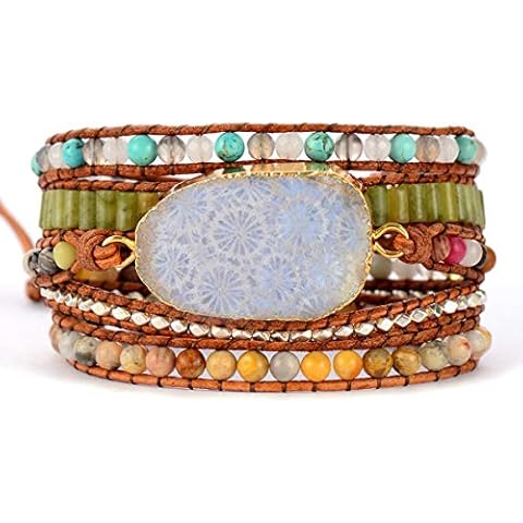 Boho Handmade Natural Stone Wrap Bracelets Turquoises Crystal Beads Bracelet Jewelry, Agalmatolite Cover