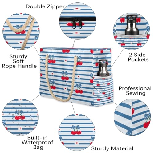 Striped Cherry Beach Bag for Women Waterproof Sandproof Tote with Zipper Cotton Rope Handles for Travel Pool Gym Shopping3
