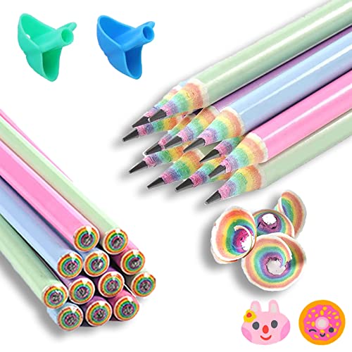 IWTBNOA Lápices Arcoiris, 12 Piezas Lápices HB con 4 Piezas Agarres para Lápices, Lápiz de Papel Reciclado, Lápices para Escribir y Dibujar, lápices de protección ambiental Cover