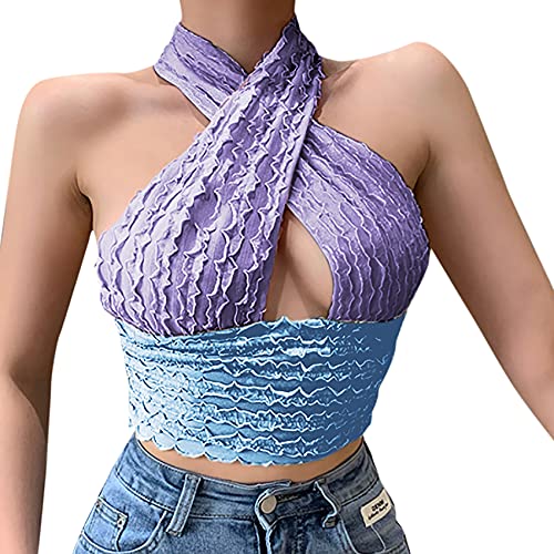 Leomoste LEYF-21042065A-01M Women Sexy Criss Cross Bandage Crop Halter Tank Top Vest Blue-Purple thumb #2