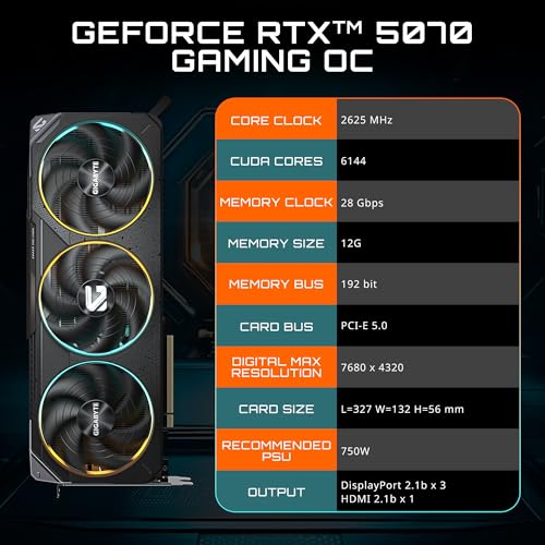 Image of GIGABYTE GeForce RTX 5070 Gaming OC 12G Graphics Card, 12GB 192-bit GDDR7, PCIe 5.0, WINDFORCE Cooling System, GV-N5070GAMING OC-12GD Video Card