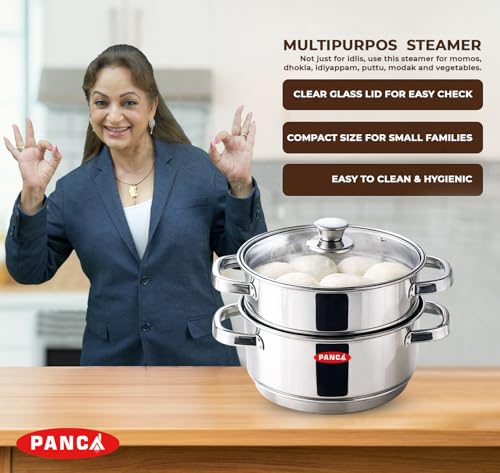 Image of PANCA Idli Maker Steamer Stainless Steel | 2 Tier Idly Cooker with Glass Lid | 18 cm Small Steamer for Momo, Dhokla, Idiyappam & Vegetables | Induction Base (Steamer 2 Tier)